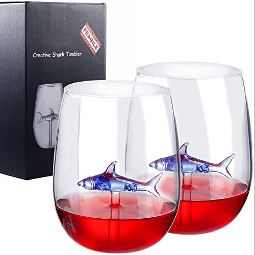 Shark Wine Glass, Personalized Stemless Crystal Shark Wine Glasses with Shark Inside (Set of 2), Fancy Cool Red Wine Cups, Unique Shark Lover Gifts for Women Party Birthday Wedding (Blue) - color: Blue