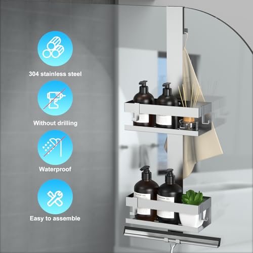 Shower Caddy Hanging, Over Frameless Glass Door Shower Shelf, Silver | SUS304 Stainless Steel, Bathroom Organizer/Rack No Drilling