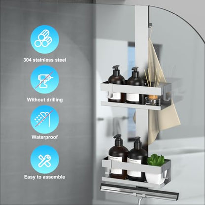 Shower Caddy Hanging, Over Frameless Glass Door Shower Shelf, Silver | SUS304 Stainless Steel, Bathroom Organizer/Rack No Drilling