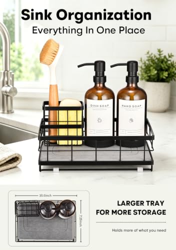 [Extra Large] Kitchen Soap Dispenser Set, 2 Glass Dish Soap Dispensers with Stainless Steel Pumps, Quick-Dry Stone Tray, Sink Caddy Organizer with Sponge Holder, All-in-One Countertop Organization Set