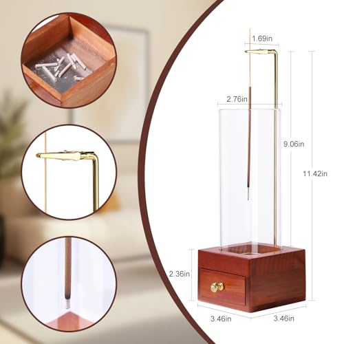 Brown Wooden Incense Holder with Easy-Clean Ash Catcher Drawer, Vertical Incense Burner with Windproof Glass Tube & Stainless Steel Base for Meditation, Includes 20 Sticks