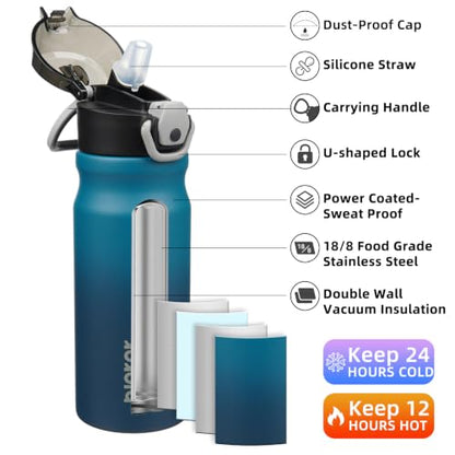 BJPKPK 18 oz Water Bottle with Straw & Handle, Insulated Stainless Flask | Leak Proof Locking Lid, Thermal, Double Wall Vacuum, Keeps Hot/Cold, Dishwasher Safe, Travel & Sports, Indigo Black - color: A-Indigo Black, size: 18 Ounces