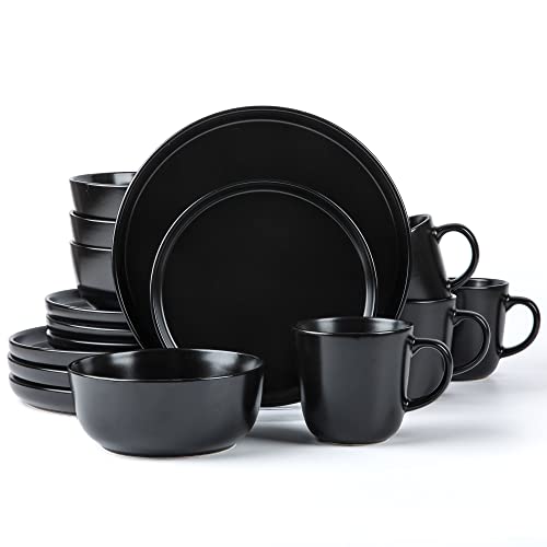 ARORA SKUGGA Round Stoneware 16pc Dinnerware Set of 4, Dinner Plates, Side Plates, Cereal Bowls, Mugs - Matte Black (472979) - color: Black-Bowl/Mug, style: Round-Service for 4(16pcs)