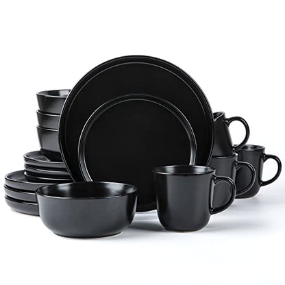 ARORA SKUGGA Round Stoneware 16pc Dinnerware Set of 4, Dinner Plates, Side Plates, Cereal Bowls, Mugs - Matte Black (472979) - color: Black-Bowl/Mug, style: Round-Service for 4(16pcs)