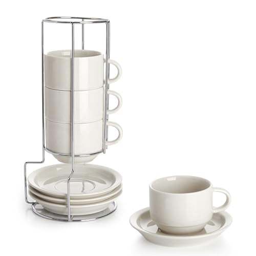 Sweese Porcelain Cappuccino Cups Set - 8 oz Stackable Coffee Mugs with Saucers, Metal Stand, Dove Grey, Set of 4 - color: Dove Grey, size: 8 Ounces