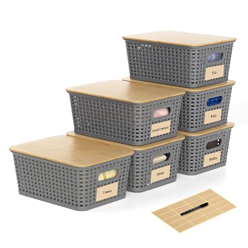 6 Pack Plastic Storage Baskets,Gray bamboo lid storage Box | Labels, Stackable, For Organizing Shelves Pantry Drawers Desktop Closets Organizing Desktop Closet Playroom Classroom - color: Grey