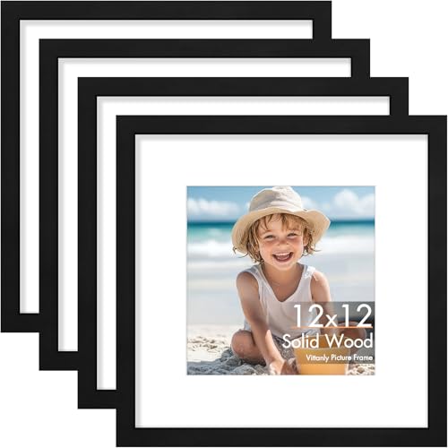 Vittanly Solid Wood 12x12 Picture Frames Set of 4, Black | 8x8 Picture Frame with Mat, Gallery Wall Frame Set, 12 x 12 Frame for Wall Hanging, Family, Pet, Christmas - color: Black, size: 12x12