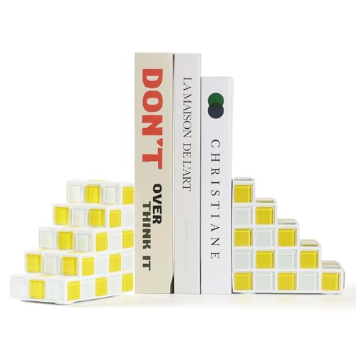 Decorative Bookends for Shelves Stair Book Ends for Heavy Books | Unique Book Stopper & Holder for Shelves, Modern Home Decor Aesthetic Bookshelf Decor, Yellow & White - color: Yellow & White