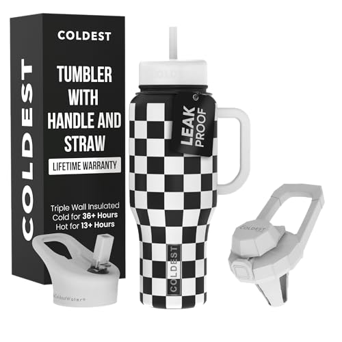 Coldest Tumbler with Handle and Straw - 100% Spill Proof Tumbler with Straw (3 Lids) - Stainless Steel Insulated Leakproof Tumblers for Women & Men - 36 oz (Black and White Checkers) - color: Black and White Checkers, size: 36 oz