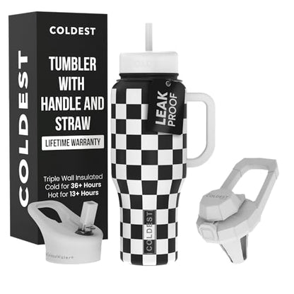 Coldest Tumbler with Handle and Straw - 100% Spill Proof Tumbler with Straw (3 Lids) - Stainless Steel Insulated Leakproof Tumblers for Women & Men - 36 oz (Black and White Checkers) - color: Black and White Checkers, size: 36 oz