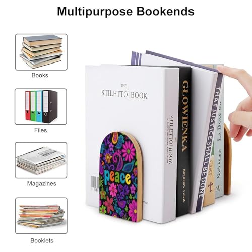 Colorful Flowers Peace Signs Abstract Wooden Bookends Shelves 2 PCS Sturdy Book Holders Desktop Organizer for Home Office Libraries