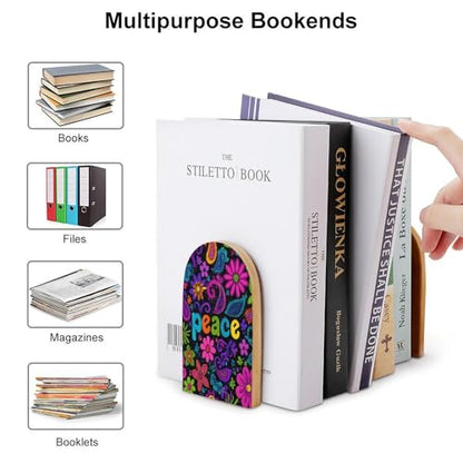 Colorful Flowers Peace Signs Abstract Wooden Bookends Shelves 2 PCS Sturdy Book Holders Desktop Organizer for Home Office Libraries