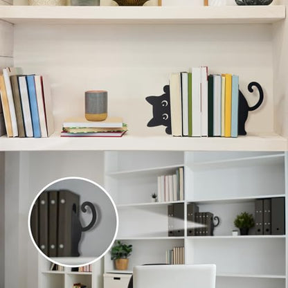 Peeping Cat Metal Bookends Set of 2 Cute Book Ends for Shelves Decorative Bookshelf Home Office Desk Bookshelf Decor Gift for Cat Lovers and Reading Enthusiasts - style: Cute Cat