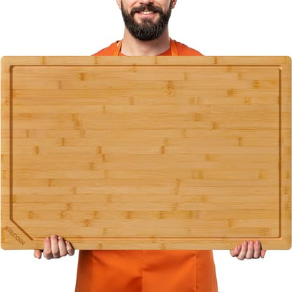 Kikcoin 36”×24” Bamboo Cutting Boards for Kitchen, Heavy Duty Wooden Cutting Boards, Healthy Extra Large Chopping Boards with Deep Juice Groove and Handle, Oversized Stove Top Cover, Natural - color: Natural, size: 36"L x 24"W