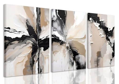 LYPHNX Framed Black and Brown Abstract Geometric Canvas Wall Art Modern Grey White Beige Print Poster Set of 3 Painting Terracotta Brush Strokes Picture Home Decor for Bathroom Bedroom Office 12"x16" - color: Abstract Black Beige, size: 12"x16" Canvas