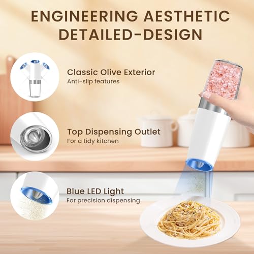Battery Gravity Salt Pepper Grinder Set, 2 Pack (Black & White) | Gravity Automatic Grinder With LED Light & Adjustable Roughness, Each Requires 6 AAA Batteries For Kitchen Daily Seasoning - color: Battery/Set/ Black+White