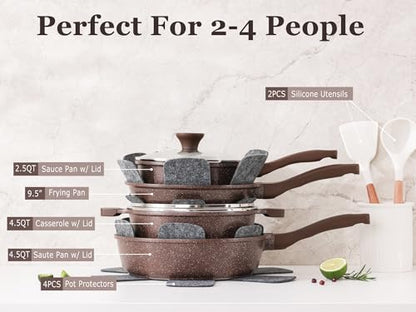 SENSARTE Nonstick Cookware Set 13-Piece, Healthy Pots and Pans Set Kitchen Cooking Set with Stay-Cool Handles, Silicone Utensils and Pot Protectors, PFOA Free - color: Toffee Brown