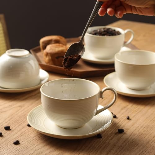 12Oz Coffee Cups with Saucers, Ceramic Espresso Cup Set of 4, Cappuccino Cups Set, Tea Mugs and Saucer, Microwave Dishwasher Safe Drinkware for Home, Cafe, Housewarming Gifts - color: B - 12oz