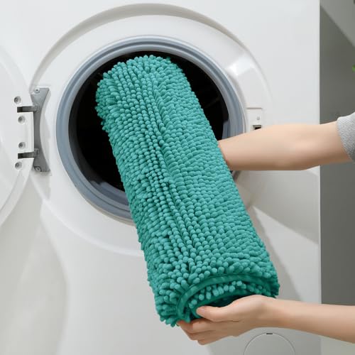HOMEIDEAS 3 Pieces Bathroom Rugs, Ultra Soft Non Slip Absorbent Chenille Toilet Bath Mat Set (Teal) - color: Green-teal, size: 17"x24"+20"x32"+U Shape 20"x24"