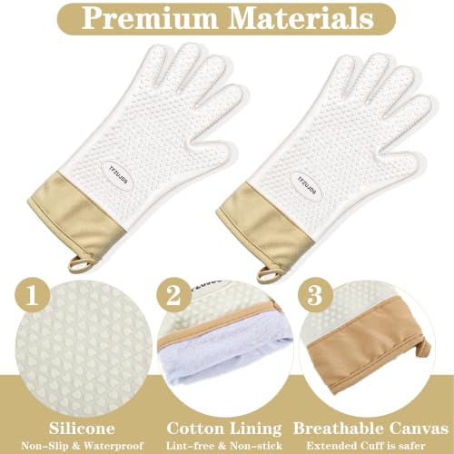 Silicone Oven Gloves with Fingers Heat Resistant 450°F in Kitchen | 1Pair Silicone Oven Mitts, Waterproof, Non-Slip, Extended Cuff Cotton Lined Kitchen Mitts for Baking Cooking Barbecue(White) - style: white-large