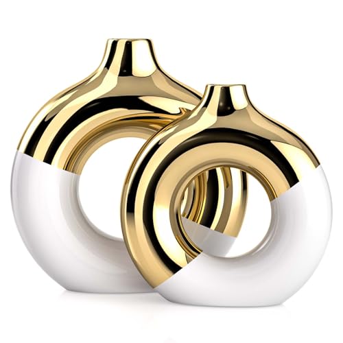 White and Gold Ceramic Vase Set of 2,Round Donut Hollow Flower Vases for Home Decor Accents,Modern Minimalist Centerpiece Table Decorations,Wedding,Living Room,Bookshelf,Office,Entryway - color: White