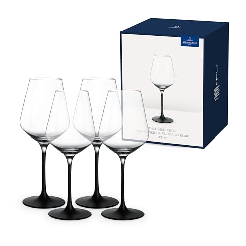 Villeroy & Boch Manufacture Rock Set of 4 White Wine, Crystal Glass Black Stem, Dishwasher Safe | Black-stemmed crystal glass wine goblets, hand wash only, freshen up the table for white wine service - color: Clear/Black