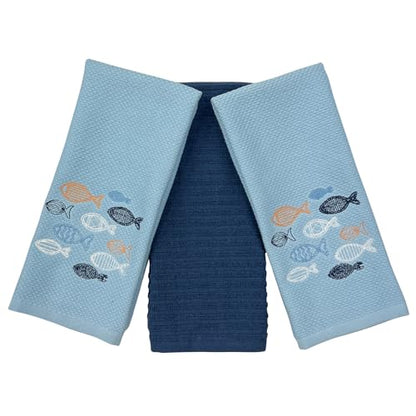 Coastal Kitchen Towels- Set of 3 Blue 100% Cotton Embroidered Whimsical School of Fish Design - 16 x 26 Multipurpose Towels for Everyday Use - color: School of Fish