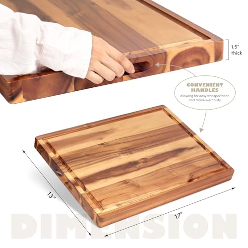 Acacia Wood Cutting Board (17x13x1.5in) and Wooden Butcher Block, Chopping Board - Reversible Multipurpose For Meat, Cheese Board, Vegetables, Bread...with Juice Groove, Cracker Holder & Inner Handles - size: 17"L x 13"W