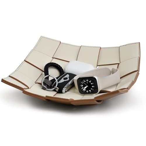 Valet Tray PU Leather Key Bowl for Men Women Entryway Table Nightstand Catchall EDC Dump Tray for Wallet, Keys, Jewelry Men's Gift - Coffee & White, 9.8" L x 9.8" W x 2" H - color: Coffee + White