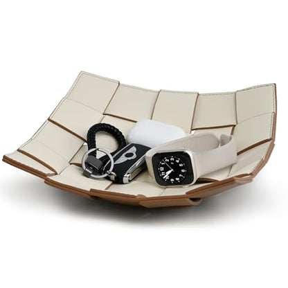 Valet Tray PU Leather Key Bowl for Men Women Entryway Table Nightstand Catchall EDC Dump Tray for Wallet, Keys, Jewelry Men's Gift - Coffee & White, 9.8" L x 9.8" W x 2" H - color: Coffee + White