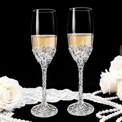 Champagne Flutes -His and Hers,Wedding Toasting Glasses for Engagement Celebrations, Bridal Shower and Registry Idea, Tall Wine Glasses for Bride and Groom Gifts,7oz (Silver new) - color: Silver new