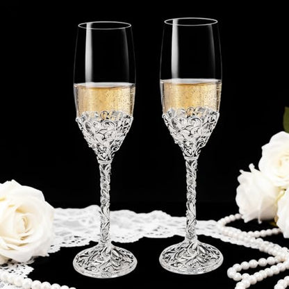 Champagne Flutes -His and Hers,Wedding Toasting Glasses for Engagement Celebrations, Bridal Shower and Registry Idea, Tall Wine Glasses for Bride and Groom Gifts,7oz (Silver new) - color: Silver new