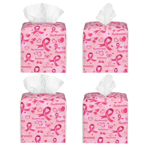 Breast Cancer Awareness Tissue Box Cover Square,Ribbons and Hearts Tissue Box Holder Waterproof Leather Facial Paper Organizer Dispenser for Bathroom Home Car Nightstand Vanity Desk - color: Color-17