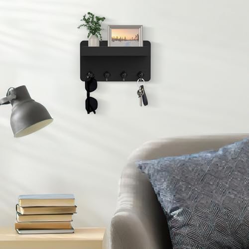 Nekon Key Holder Wall Mount, 8.5 Inch Small Wooden Wall Organizer, Black | Rustic Wall Shelf, Farmhouse Key and Mail Holder for Living Room Entryway Kitchen - color: Black