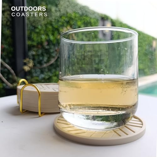 Silicone Coasters Set of 6 - with Gold Holder, smart Modern Grooved Pattern Protecs to Coffee Tables, Beige - color: Neutral Beige