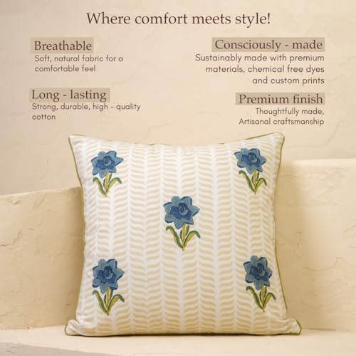 JBH Hand Block Print Reversible Throw Pillow Covers 18x18 Inch Set of 2 – Handmade Cotton Throw Pillow Cases (Blue, Green, Cream, 18x18 Inch) - color: Blue, Green, Cream