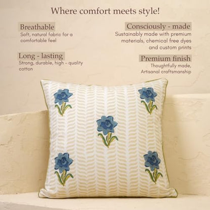 JBH Hand Block Print Reversible Throw Pillow Covers 18x18 Inch Set of 2 – Handmade Cotton Throw Pillow Cases (Blue, Green, Cream, 18x18 Inch) - color: Blue, Green, Cream