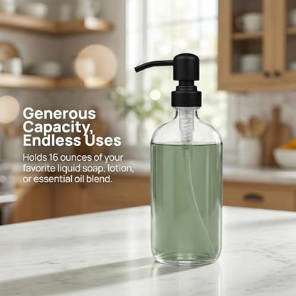 4 Pack Glass Soap Dispenser with Matte Black Stainless Steel Pump, 16 Oz Clear Boston Round Bottles Bathroom Kitchen Soap Dispenser for Essential Oil, Dish Soap, Hand Soap, Lotion Soap