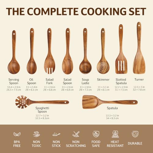 SOOMGYEOL SEOM 10-Piece Teak Wood Cooking Utensil Set | Natural Teak Wood, Uncoated, 10 Essential Cooking Utensils, Nonstick Safe - size: 10 PCS Set