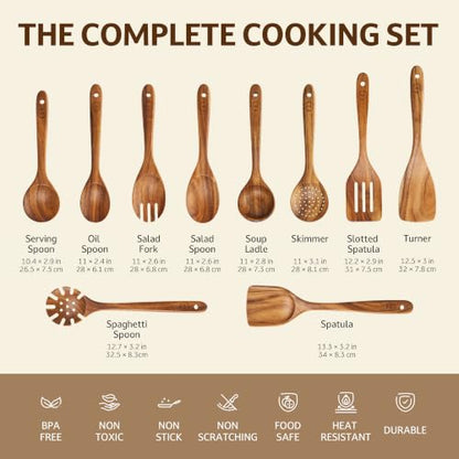 SOOMGYEOL SEOM 10-Piece Teak Wood Cooking Utensil Set | Natural Teak Wood, Uncoated, 10 Essential Cooking Utensils, Nonstick Safe - size: 10 PCS Set