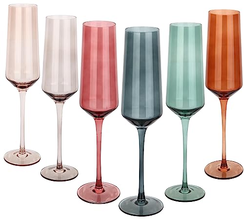 Colored Champagne Flutes Set of 6, 8oz Hand Blown Colorful Glasses | Lead-Free Crystal Champgane Glasses, Italian Style Tall Stemmed-Elegant Gift Box for Wedding, Party, Holidays, Birthdays - color: 8oz champagne glasses