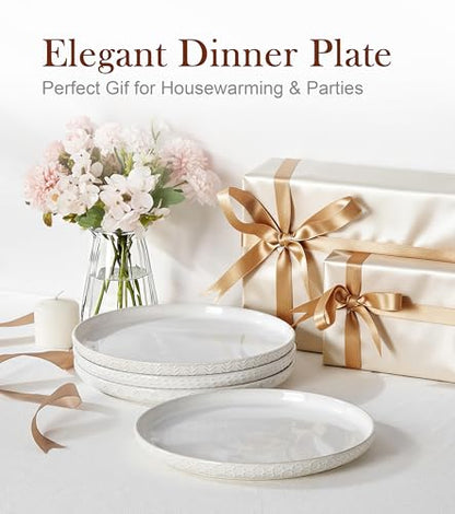 Lareina Ceramic Dinner Plates 10 Inch, Embossed Boho Stoneware Plates for Dessert, Salad, Appetizer, Dinner, Microwave & Dishwasher Safe, Scratch Resistant-Set of 4, Ivory White - size: 10 inch