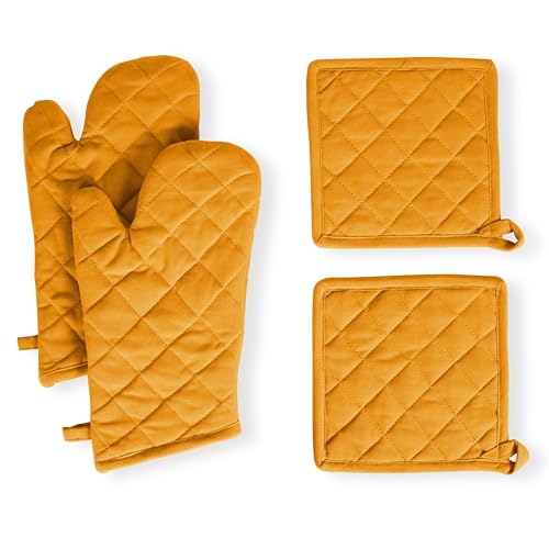 Native Fab 4 Piece Set - 2 Oven Mitts & 2 Potholders, Heat Resistant, 100% Cotton, Quilted Design, Non-Slip Grip, Machine Washable, Ideal for Baking, Cooking, BBQ, Kitchen Protection - Mustard Yellow - color: Mustard Yellow