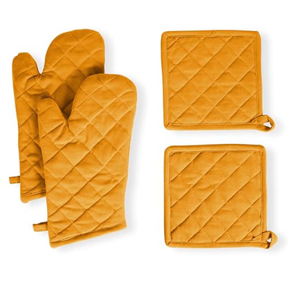 Native Fab 4 Piece Set - 2 Oven Mitts & 2 Potholders, Heat Resistant, 100% Cotton, Quilted Design, Non-Slip Grip, Machine Washable, Ideal for Baking, Cooking, BBQ, Kitchen Protection - Mustard Yellow - color: Mustard Yellow