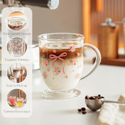 KEMORELA Pink Bow Glass Coffee Mugs Set,Cute Tea Cup with Handle,Gifts | 2-pack 16 oz,Gifts For Mom Women Birthday,Her,Girlfriend,Wife,Valentines Day,Christmas - color: Pink Bow-2PCS