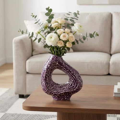 Sunddo Ceramic Flower Vase, 9 Inch, Purple | Modern, Unique Donut Design, For Living Room, Centerpiece Table, Kitchen, Fireplace, Bookshelf - color: Purple, size: 9 inch