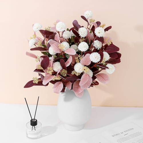Fake Flowers for Vase, 15 pcs Faux Silk Pompom Mum Artificial Flowers with Eucalyptus Stems, Mini Floral Long Stem Arrangements for Home Decor, Wedding, Table Centerpieces DIY Floral Designs - color: Burgundy+light Pink+white