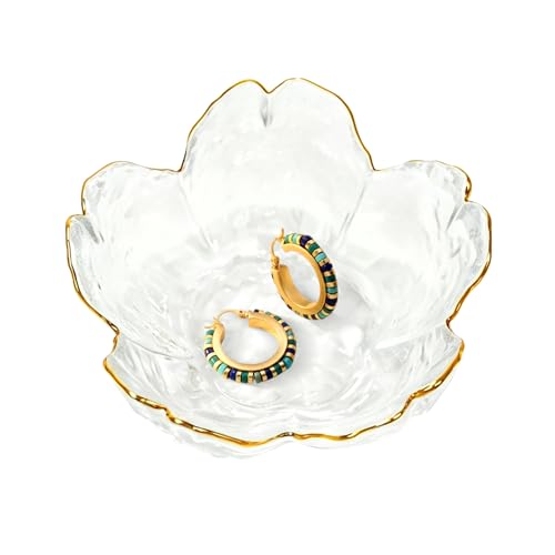 Glass Ring Holder Dish, Flower Jewelry Trinket Tray, Golden-edged clear | Decorative Ring Dish for Rings, Earrings, Necklaces and Keys, Cute Vanity Organizer for Bathroom, Dresser and Nightstand - color: Golden-edged clear