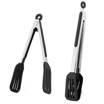 Cooking Tongs 9" and 12" Stainless Steel Kitchen Silicone Serving Tongs | Heat Resistant Meat Turner Spatula Tong Fish Tongs for Grilling Steak Salad Pasta Buffet Serving (Black) - color: Black, size: 9 & 12 inch