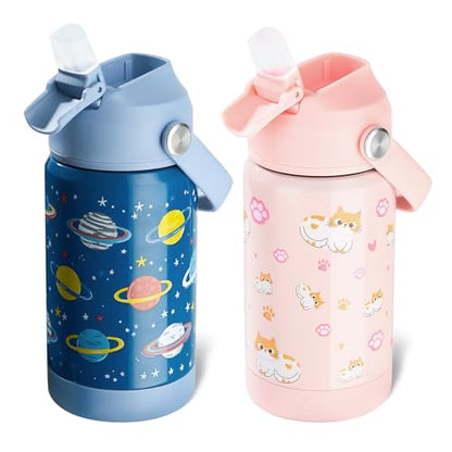 Kerilyn 12oz Kids Water Bottle 2 Pack, Stainless Steel Insulated Water Bottle Bulk, Toddler Cups with Straws Leak-Proof, Kids Water Bottles for School Boys Girls, BPA Free, 2 Piece Set Planet + Kitty - color: A. Planet + Kitty